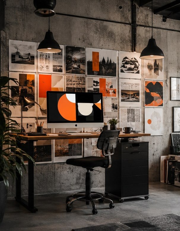 Studio projektowe agencji z tablicą moodboardu i makietą plakatu na ekranie