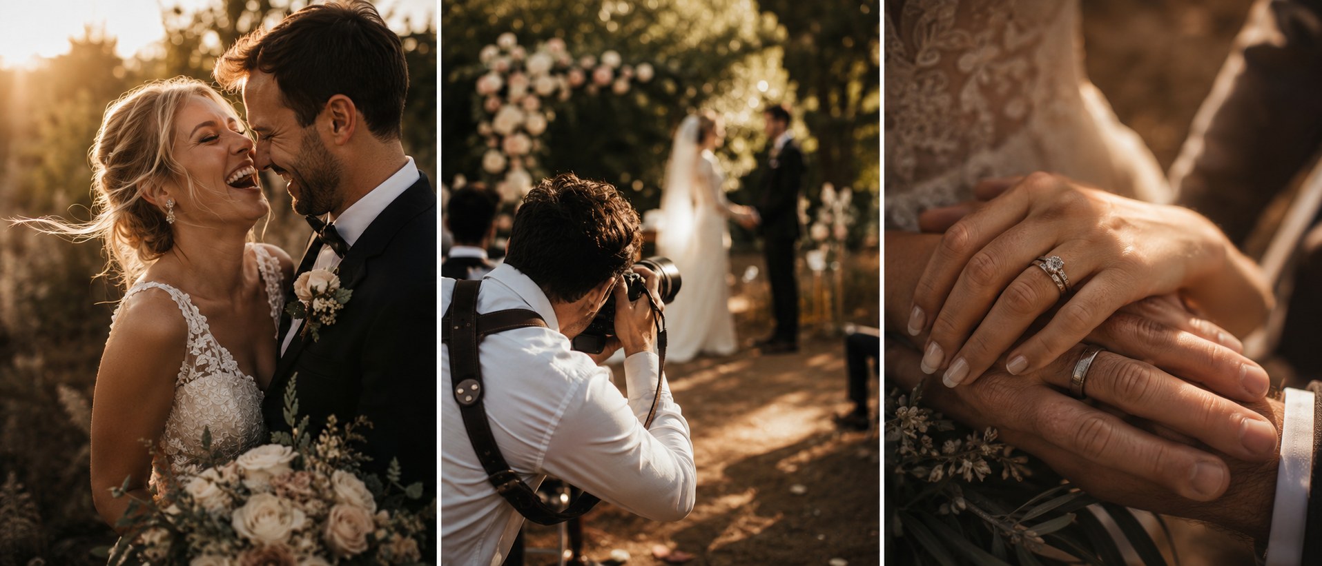 Triptyk ślubny: para w śmiechu o zachodzie słońca, fotograf przy pracy podczas ceremonii, dłonie z obrączkami
