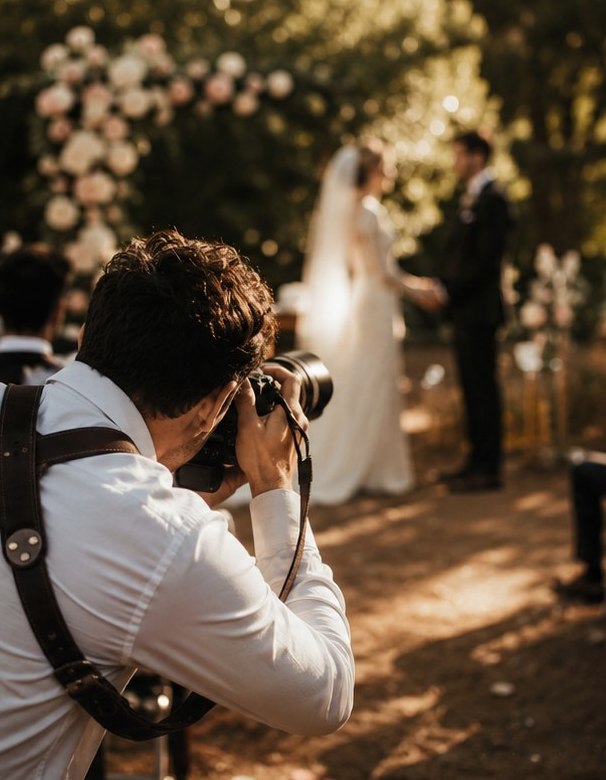 Fotograf w białej koszuli fotografujący parę młodą podczas ceremonii w plenerze