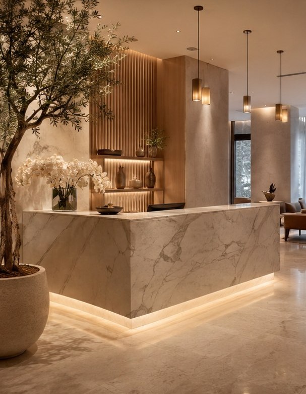 Recepcja i lobby Luma Spa Hotel z marmurowym blatem i drzewem oliwnym