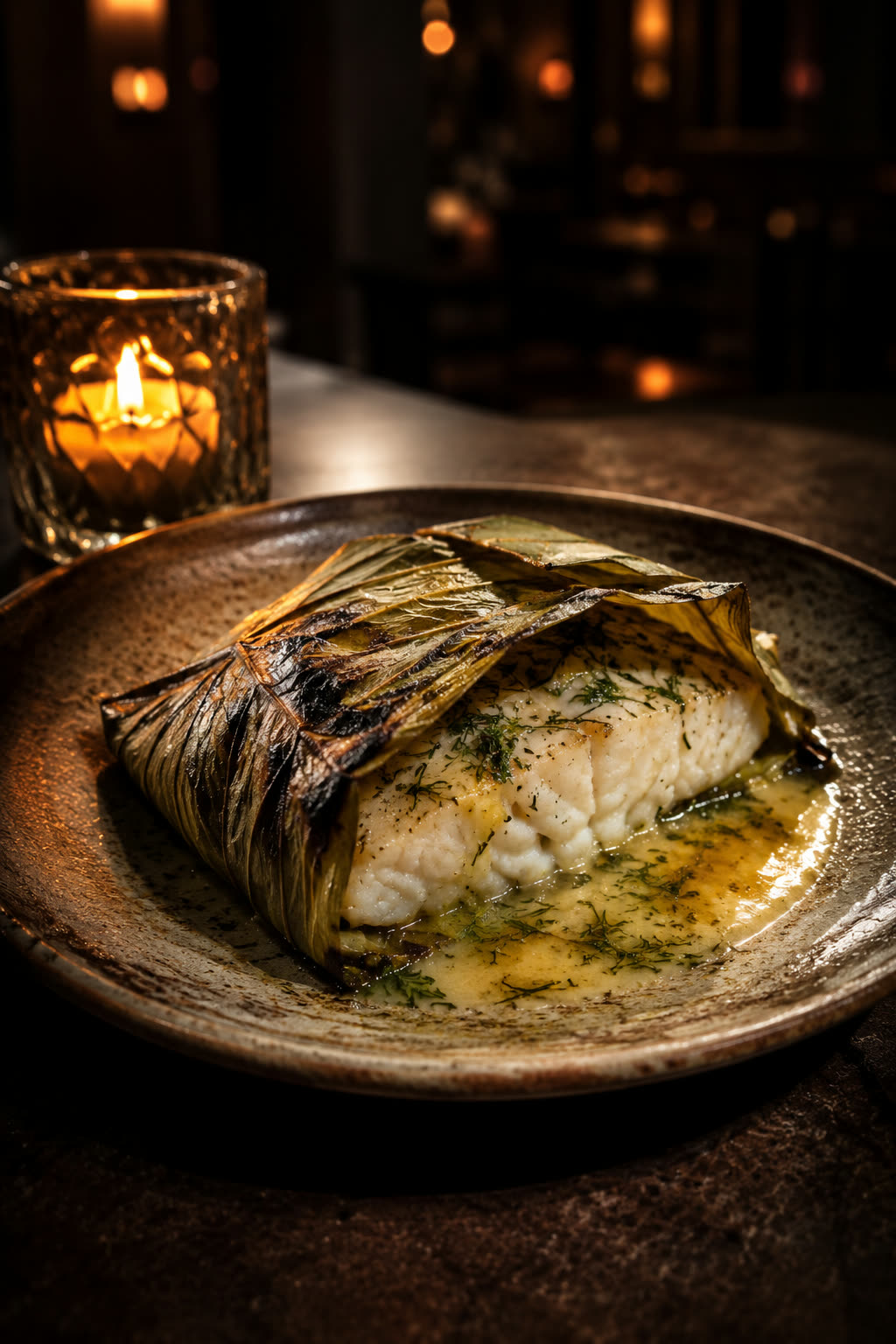 Halibut zapiekany w liściu brzozy w sosie maślanym, obok płonie świeca