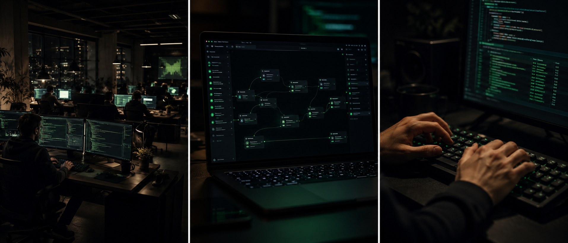 Biuro nocą z podglądem workflow automatyzacji na ekranach