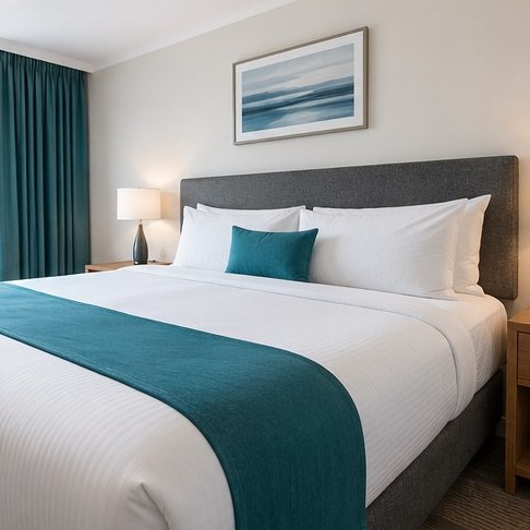 Neatly made bed in an Airbnb style bedroom