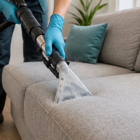 Carpet cleaning machine on a living room rug