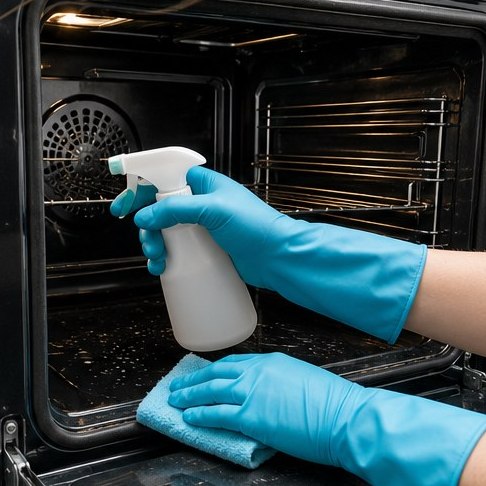 Deep clean of a kitchen surface up close