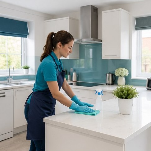 Cleaner tidying a bright domestic kitchen