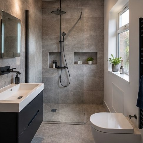 Newly fitted modern bathroom with shower and tiling