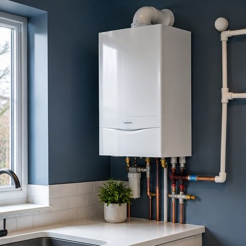 Engineer installing a combi boiler on a kitchen wall