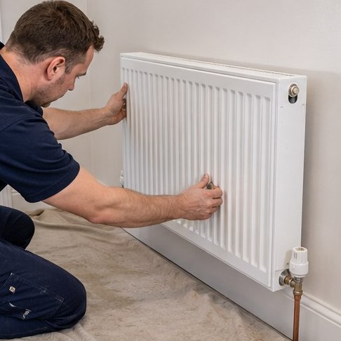 Engineer fitting a radiator as part of a central heating upgrade