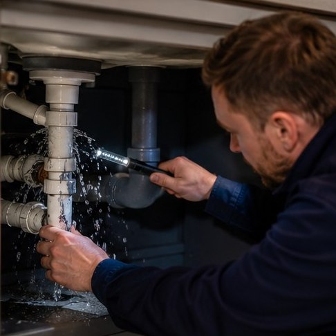 Plumber fixing a burst pipe under a sink during an emergency call-out