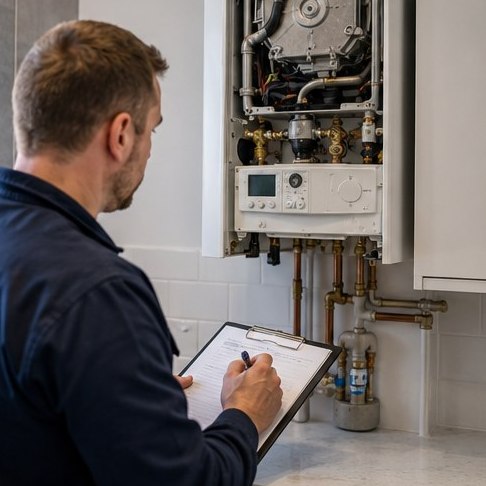 Gas Safe registered engineer inspecting a gas appliance
