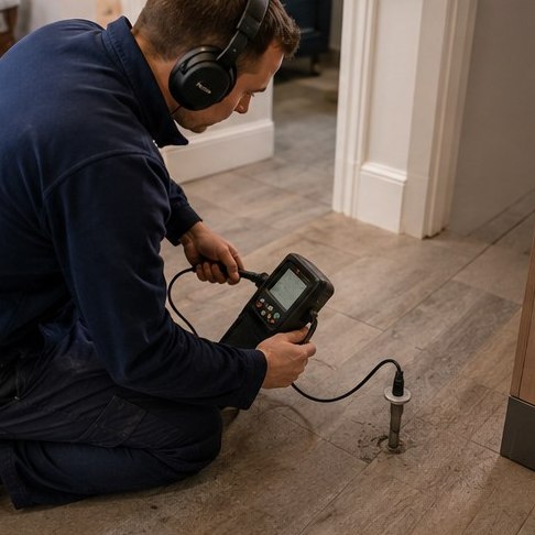 Engineer using leak detection equipment on a domestic water pipe